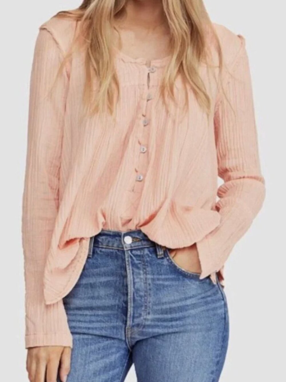 We The Free (Free People) Women's "Sand Dune" Henley Blouse In Peach - Size L